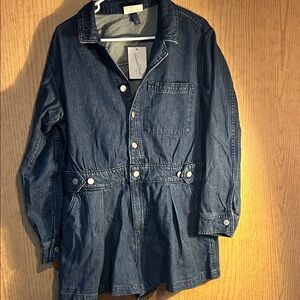 Denim Button-Front Jacket Romper in Dark Blue NWT